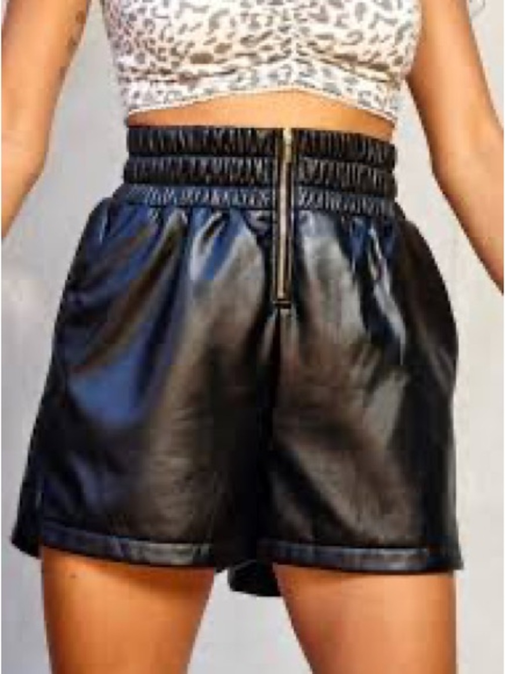 High-Waist Black Faux Leather Shorts with Gold Zip Accent